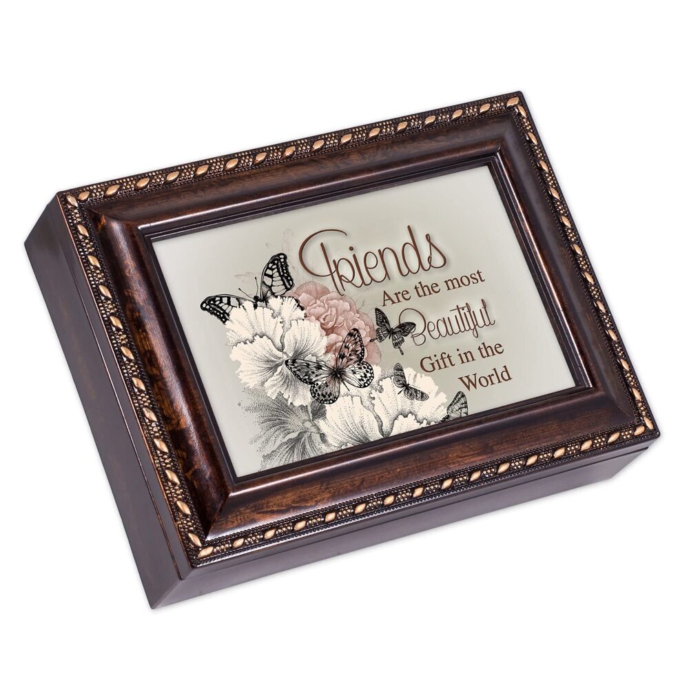 7305 Friends Beautiful Gift Burlwood Rope Trim Jewelry Music Box Plays